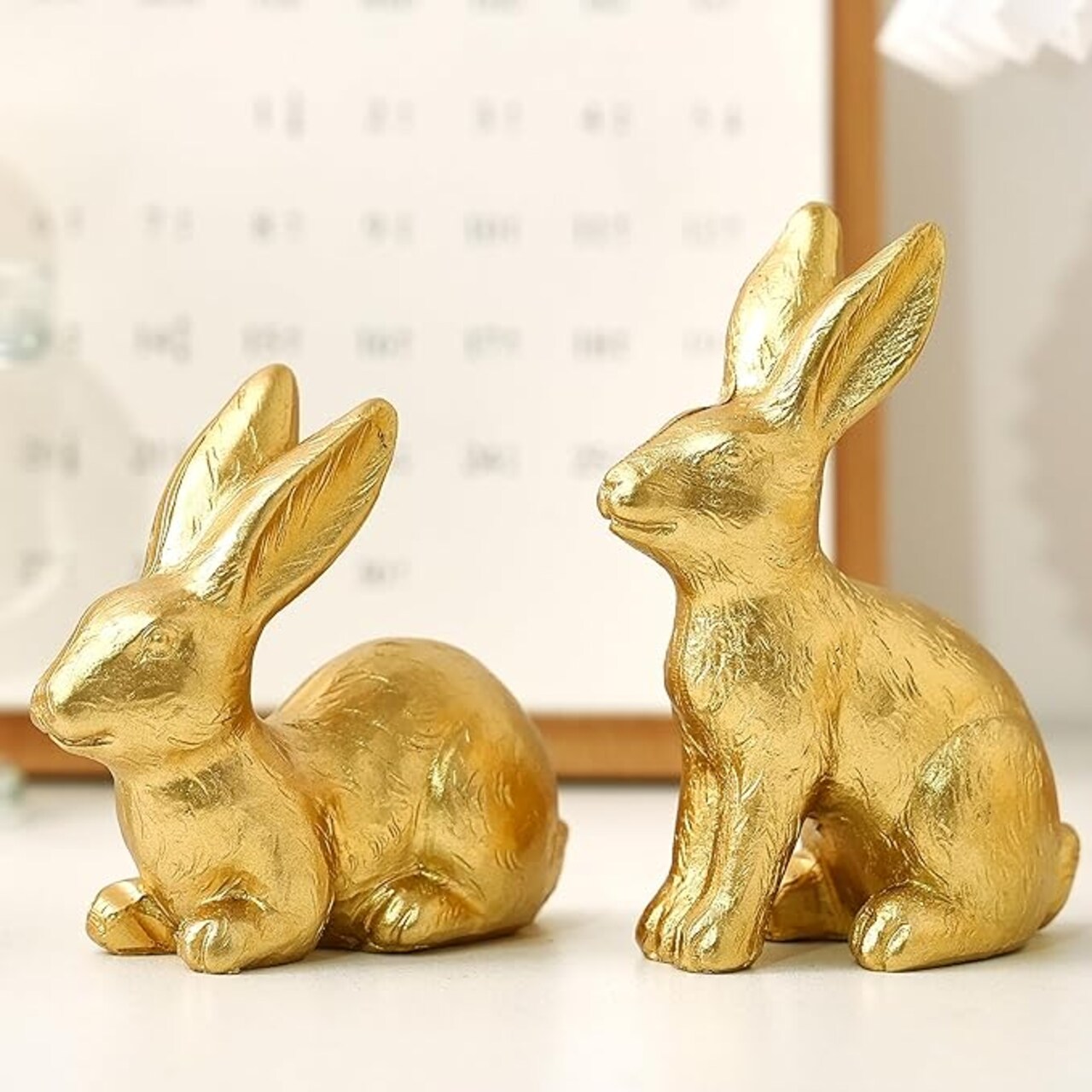 Gold Easter Bunny Decor, Small Bunny Figurines Set of 2, Resin Rabbit Statues, Gold Bunny Easter Tabletop Decor for Spring Centerpiece, Home Mantle Shelf Decor
